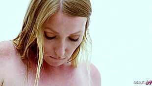 oh man tanned milf's saggy tits and hairy pussy seduces pale blonde teen in shower for rough lesbian licking