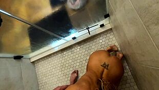 Caught shower pervert filming now fucks my big tits shaved pussy hard