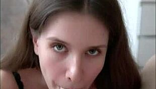 Cute brunette girlfriend slurps balls and swallows every cum drop