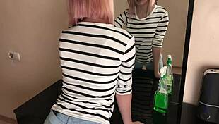 girl on chores grabs cock for hot jerkoff fun! 🍆💦