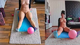 Curvy milf goes naughty naked for dual cam yoga spreading big ass