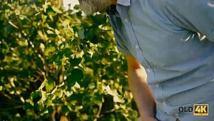 Old Man Convinces Busty Teen for Forest Pussy Lick and Fuck!