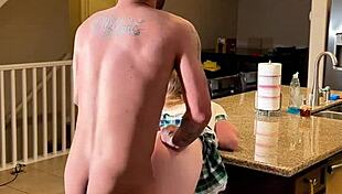 schoolgirl sucks dick then gets railed on counter