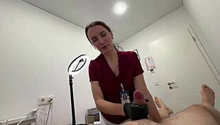 Nurse's deepthroat gags on dick while lasering sensitive balls in hospital play