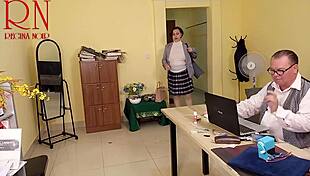 Yoga in the office? 😏 Regina Noir flashes tight pussy and teases boss with striptease!