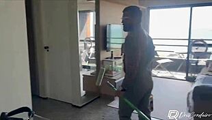 athletic brunette seduces painter bends over for creampie doggystyle in apartment