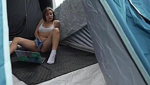 super hot brunette milf at camp sucks n jerks my huge cock in tent