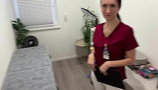 Nurse's deepthroat gags on dick while lasering sensitive balls in hospital play