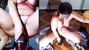 this bbw slut in lingerie strips teasingly before homemade pov double penetration with dildo