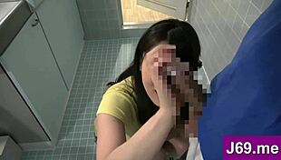 Holy shit, fatty Japanese milf with huge tits sucks cock desperately in the toilet! Who's next?