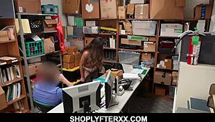 Inked brunette teen shoplifter's innocent theft leads to brutal store fuck punishment