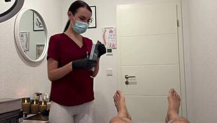 Nurse's deepthroat gags on dick while lasering sensitive balls in hospital play