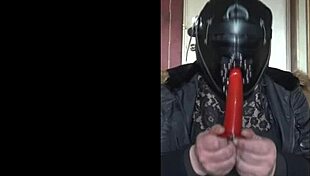 Bisexual crossdresser gags on homemade dildo toy