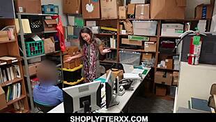 Inked brunette teen shoplifter's innocent theft leads to brutal store fuck punishment