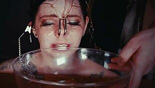 Emo goth teen bound in garage cries as face tied punished roughly with piss