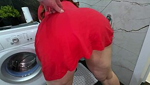 Stepmom sneaks into toilet for stepson's blowjob then bends for fat ass pounding
