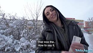 Blue-eyed babe sucks fat cock in public snow