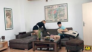 Mature cleaning lady in uniform seduces young 18+ lover with her natural tits and stockings