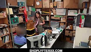 Inked brunette teen shoplifter's innocent theft leads to brutal store fuck punishment