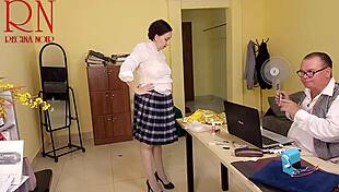 Yoga in the office? 😏 Regina Noir flashes tight pussy and teases boss with striptease!