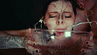 Emo goth teen bound in garage cries as face tied punished roughly with piss