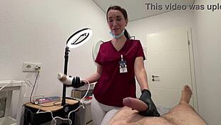 Nurse's deepthroat gags on dick while lasering sensitive balls in hospital play