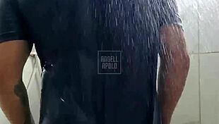 MASKED Tattoo Stud CUMS Hard with Shower TOY!