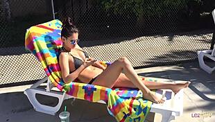 adorable brunette relaxes as dyke roomie fingers her trimmed snatch