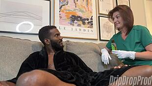 Matt Bishop gets nipple licks in hot interracial handjob!