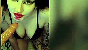 cute blue-eyed beauty moans dirty while fucking herself deep with huge dildo