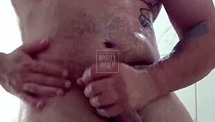 MASKED Tattoo Stud CUMS Hard with Shower TOY!