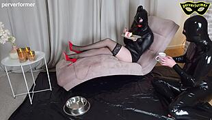 Birthday Slave Bound in Cage Licks Goddess Heels Under Femdom Torture