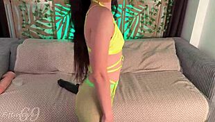 Skinny Brunette Bends Over Huge Dildo Assfucking Cums Hard