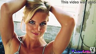 Mischievous blonde diva Hunter McCloud strips satin lingerie slow