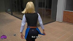 android 18 cosplay slut rides huge cock cowgirl then swallows cum pov