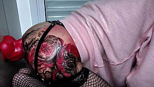 my ass throbs as huge red dildo wrecks tattooed shemale hole completely