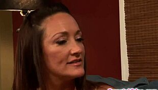 lesbian teen grinds her shaved pussy tribbing wildly with stepmom's bff in lingerie