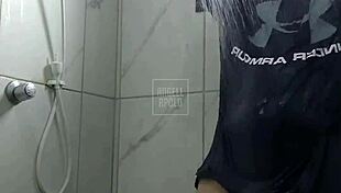 MASKED Tattoo Stud CUMS Hard with Shower TOY!