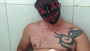 MASKED Tattoo Stud CUMS Hard with Shower TOY!