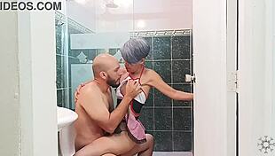 Stepsister interrupts my bath cleaning bathroom sparking wild horny fuck in Spanish