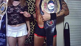 backstage porn shoot turns into glasses cam wrestling blowjob and full nelson sex