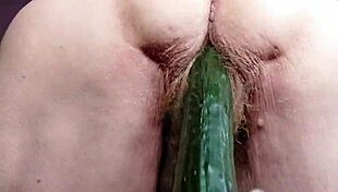 german granny stuffs hairy pussy deep with thick cucumber