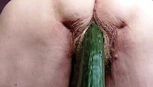 german granny stuffs hairy pussy deep with thick cucumber
