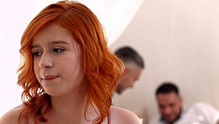 Red-haired babe bends over pussy fucked then rides two cocks dp