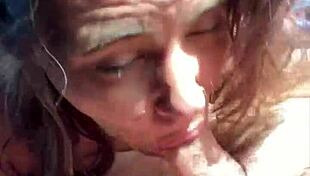 Topless Pretty Hooker Deepthroats Cumshot Facial with Cum in Mouth Rubbing Cock on Face in Public Street POV