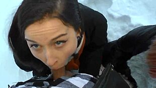 Teacher's throbbing cock deepthroated by two hot amateur teens in snowy outdoors