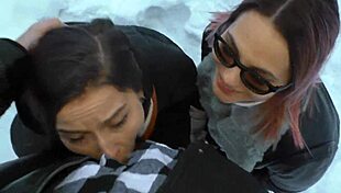 Teacher's throbbing cock deepthroated by two hot amateur teens in snowy outdoors