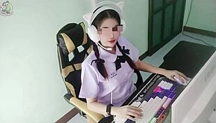 thai schoolgirl gets fucked hard by senior in front of computer