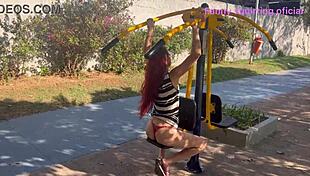 Skinny old wife flashes miniskirt ass in crowded public park