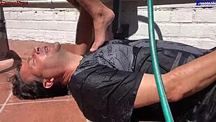 Erotique Entertainment Threesome: Two Amateur Girls Footjob Big Dick Barefoot Patio